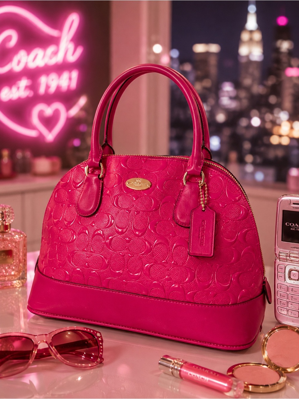 Coach Fuchsia Signature Patent Embossed Dome Satchel Purse
